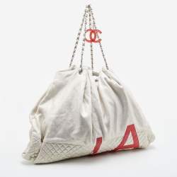 Pre Owned Chanel Metallic Beige/Red Quilted Jersey and Leather LA Bag