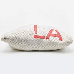 Pre Owned Chanel Metallic Beige/Red Quilted Jersey and Leather LA Bag