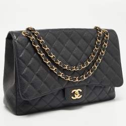 Pre Owned Chanel Black Quilted Caviar Leather Maxi Classic Single Flap Bag