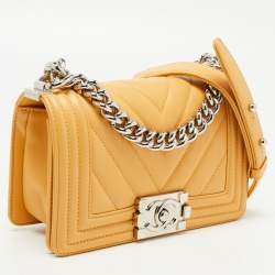 Pre Owned Chanel Yellow Chevron Leather Small Boy Flap Bag