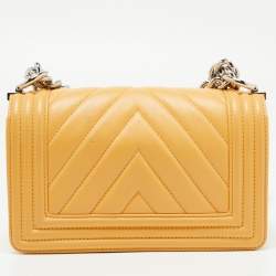Pre Owned Chanel Yellow Chevron Leather Small Boy Flap Bag