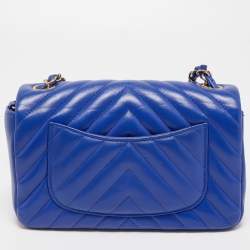Chanel Blue Chevron Leather Mini Rectangle Classic Single Flap Bag