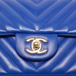 Chanel Blue Chevron Leather Mini Rectangle Classic Single Flap Bag