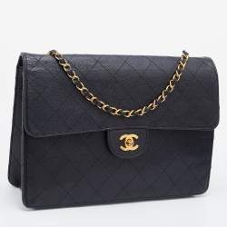 Pre Owned Chanel Black Quilted Caviar Leather Vintage Flap Shoulder Bag