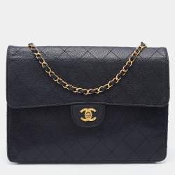 Pre Owned Chanel Black Quilted Caviar Leather Vintage Flap Shoulder Bag