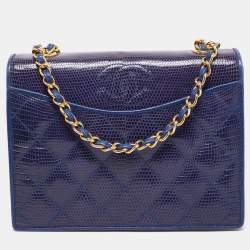 Pre Owned Chanel Blue Coated Lizard Vintage CC Flap Bag