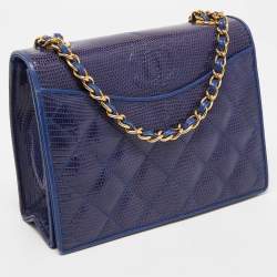 Pre Owned Chanel Blue Coated Lizard Vintage CC Flap Bag