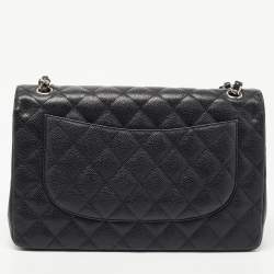 Pre Owned Chanel Black Quilted Caviar Leather Jumbo Classic Double Flap Bag