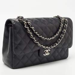 Pre Owned Chanel Black Quilted Caviar Leather Jumbo Classic Double Flap Bag