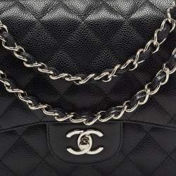 Pre Owned Chanel Black Quilted Caviar Leather Jumbo Classic Double Flap Bag
