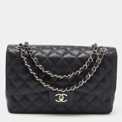 Pre Owned Chanel Black Quilted Caviar Leather Jumbo Classic Double Flap Bag