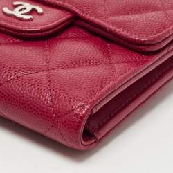 Pre Owned Chanel Red Quilted Caviar Leather Classic Trifold Wallet