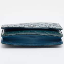 Pre Owned Chanel Teal Blue Quilted Patent Leather WOC Clutch