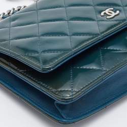 Pre Owned Chanel Teal Blue Quilted Patent Leather WOC Clutch