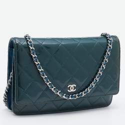 Pre Owned Chanel Teal Blue Quilted Patent Leather WOC Clutch