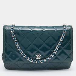 Pre Owned Chanel Teal Blue Quilted Patent Leather WOC Clutch