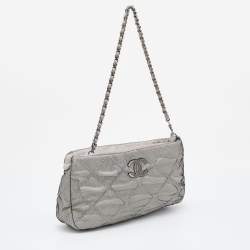 Pre Owned Chanel Grey Quilted Mesh and Leather Baguette Bag