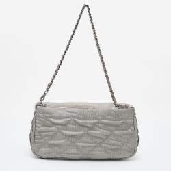 Pre Owned Chanel Grey Quilted Mesh and Leather Baguette Bag