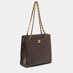Pre Owned Chanel Brown Caviar Leather Vintage CC Turnlock Chain Tote