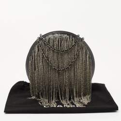 Pre Owned Chanel Black Leather Metal Fringe Round Chain Clutch