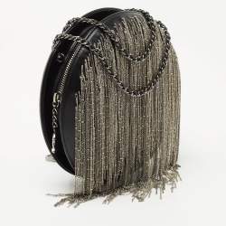 Pre Owned Chanel Black Leather Metal Fringe Round Chain Clutch