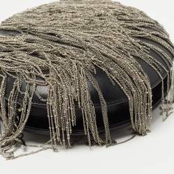 Pre Owned Chanel Black Leather Metal Fringe Round Chain Clutch