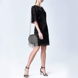 Pre Owned Chanel Black Leather Metal Fringe Round Chain Clutch