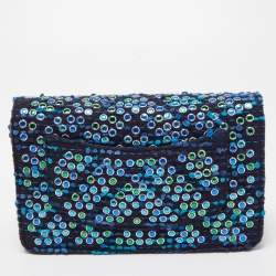 Pre Owned Chanel Blue/Green Tweed Embellished WOC Clutch