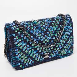 Pre Owned Chanel Blue/Green Tweed Embellished WOC Clutch