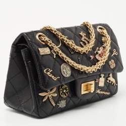 Pre Owned Chanel Black Quilted Aged Leather Lucky Charms Reissue 2.55 Classic 224 Flap Bag