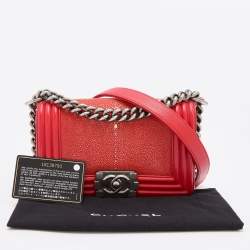 Pre Owned Chanel Red  Stingray and Leather Small Boy Flap Bag
