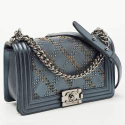 Pre Owned Chanel Metallic Quilted Embellished Leather Medium Boy Bag