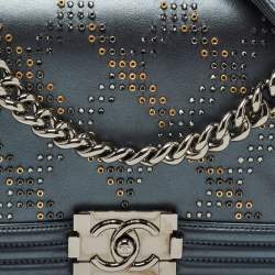 Pre Owned Chanel Metallic Quilted Embellished Leather Medium Boy Bag