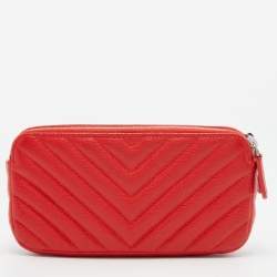 Pre Owned Chanel Red Chevron Caviar Leather CC Double Zip Chain Bag