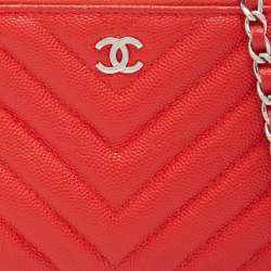 Pre Owned Chanel Red Chevron Caviar Leather CC Double Zip Chain Bag