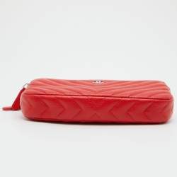 Pre Owned Chanel Red Chevron Caviar Leather CC Double Zip Chain Bag