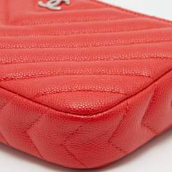 Pre Owned Chanel Red Chevron Caviar Leather CC Double Zip Chain Bag