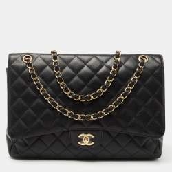 Pre Owned Chanel Black Quilted Caviar Leather Maxi Classic Single Flap Bag