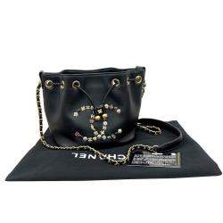 Pre Owned Chanel Black Lambskin Quilted Leather Lucky Charms CC Drawstring Shoulder Bag 
