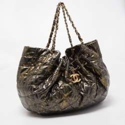 Pre Owned Chanel Gold/Dark Grey Quilted Coated Canvas Rock in Moscow Hobo