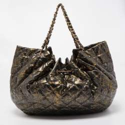 Pre Owned Chanel Gold/Dark Grey Quilted Coated Canvas Rock in Moscow Hobo