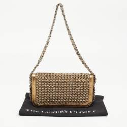 Pre Owned Chanel Gold Leather Triple Chain Flap Bag