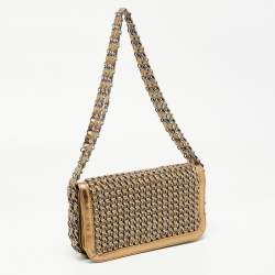 Pre Owned Chanel Gold Leather Triple Chain Flap Bag