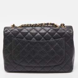 Pre Owned Chanel Black Quilted Caviar Leather Jumbo Classic Single Flap Bag