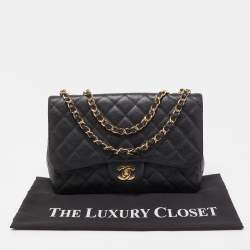 Pre Owned Chanel Black Quilted Caviar Leather Jumbo Classic Single Flap Bag