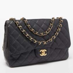 Pre Owned Chanel Black Quilted Caviar Leather Jumbo Classic Single Flap Bag