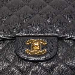 Pre Owned Chanel Black Quilted Caviar Leather Jumbo Classic Single Flap Bag