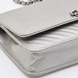 Chanel Silver Chevron Caviar Leather Boy Classic Wallet on Chain
