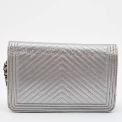 Chanel Silver Chevron Caviar Leather Boy Classic Wallet on Chain