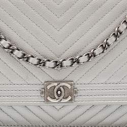 Chanel Silver Chevron Caviar Leather Boy Classic Wallet on Chain